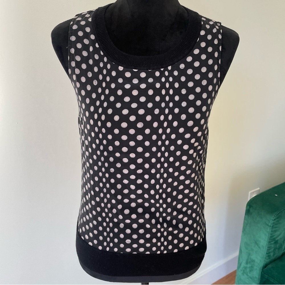 St. John Black White Polkadot Mixed Media Silk Knit 2018 Resort Sleeveless Top S